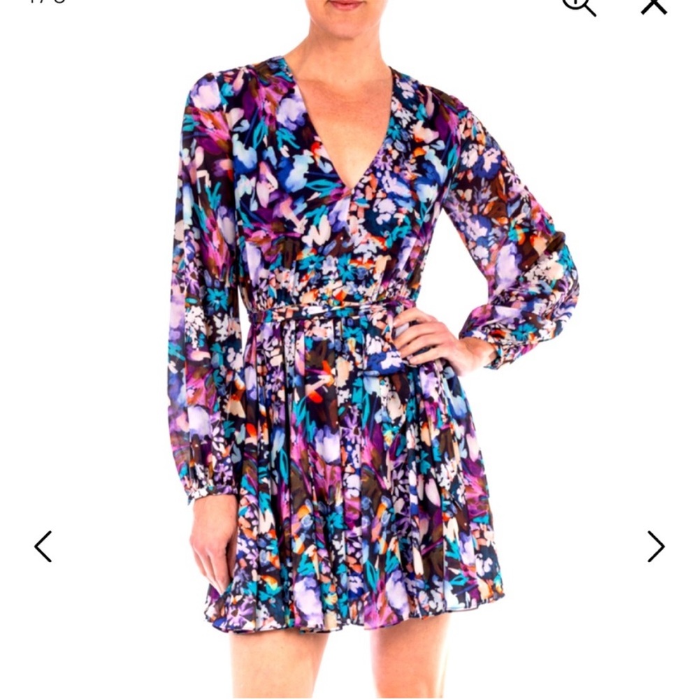 Badgley Mischka Alison Floral Printed Dress V Neck size 14 Jewel Tones